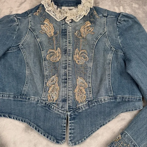Vintage 90s Y2k Denim Jacket Womens Sz 12 Lace Fairy Whimsygoth Embroidered - Picture 2 of 13